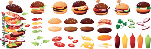 giant burger builder with burger ingredients, vegetables, sauces, meat, cheese, and buns. Street food, fairs, festivals, and traditional food.