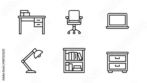 Simple line icons depicting office furniture and equipment in a minimalist style