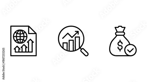 Line icons depicting global market analysis growth and financial success