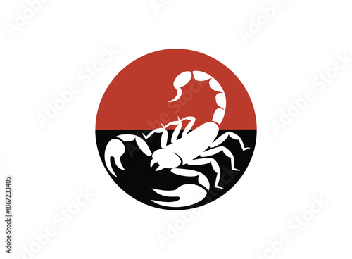 A striking circular emblem featuring a white scorpion on a red and black background