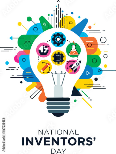 Vibrant lightbulb illustration celebrating National Inventors' Day with creative symbols