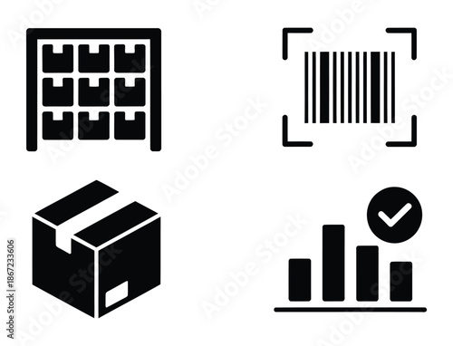 Black icons depicting storage barcode package and data analysis elements
