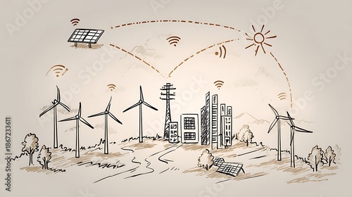 Hand- Drawn Sketch of a Sustainable Energy City with Wind and Solar Power drawing Photo