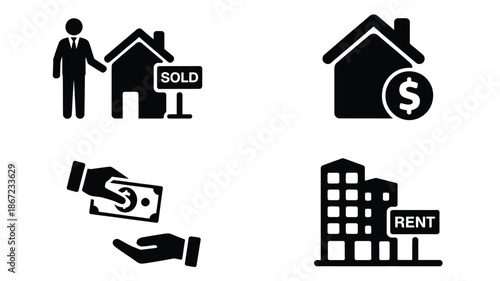 Real estate icons depicting sales rentals and financial transactions