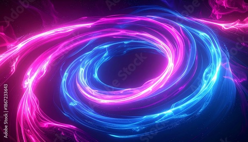 Abstract spiral ethereal, vibrant pink and blue neon light vortex on a dark background, swirling energy motion