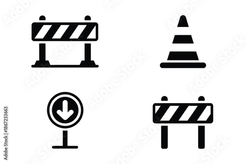 Road barrier traffic cone and direction sign icons in a simple black design