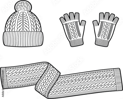 Winter knit clothing set vector illustration, wool beanie hat scarf and fingerless gloves for cold weather
