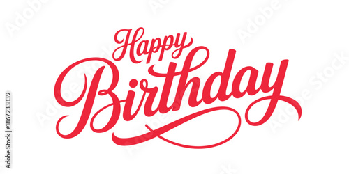 A red handwritten style happy birthday graphic on a white background