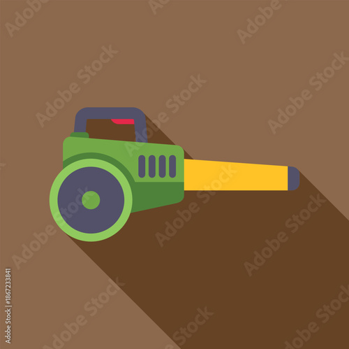 Green and yellow leaf blower providing flat design icon illustration for gardening equipment