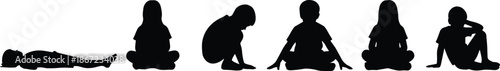 Children sitting silhouette set showing different seated poses, calm emotions and childhood behavior isolated on white background illustration