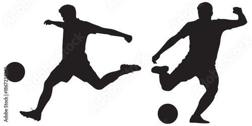 "Soccer Player Silhouette Vector – Two Black Action Poses with Kicking Motion & Ball"