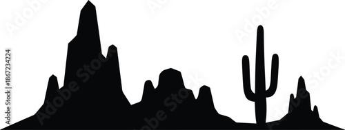 Desert landscape silhouette with cactus and mountains isolated on white background arid wilderness southwest nature illustration minimal design
