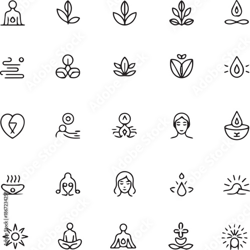 Collection of black line art icons representing wellness 