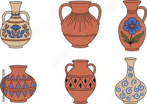 Hand drawn ceramic pottery vase set with traditional patterns isolated on white background folk art illustration collection