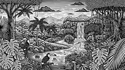 Monochrome Jungle Landscape with Exotic Birds and Waterfall