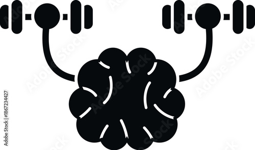 Human brain icon lifting dumbbells, representing mental power and intelligence training