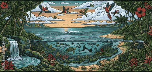 Tropical Beach Landscape with Exotic Birds and Ocean View