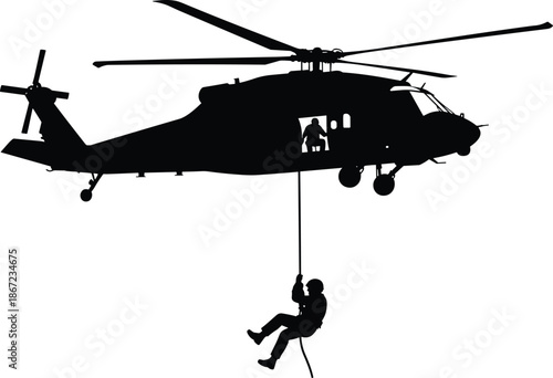 Military helicopter rescue operation silhouette with special forces soldier fast roping during tactical mission combat training concept isolated