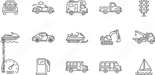 Transportation and Vehicle Line Icon Set Featuring Car, Truck, Bus, Boat, Construction Machinery, Camper, Traffic Light, Fuel Pump, and Speedometer
