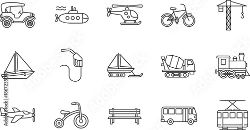 Transportation and Logistics Line Icon Set Featuring Submarine, Helicopter, Classic Car, Bicycle, Construction Crane, Sailboat, Train, Bus, and Heavy Machinery