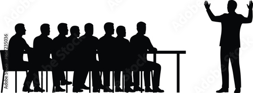 Silhouette business presentation with speaker addressing seated audience during corporate meeting seminar training concept leadership conference teamwork communication strategy professional