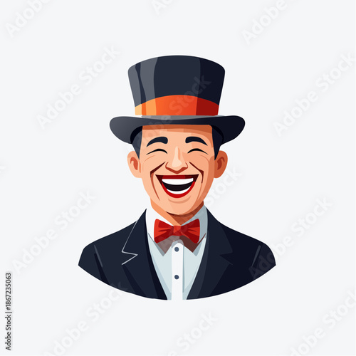 Man in Top Hat and Tuxedo Laughing Joyfully.