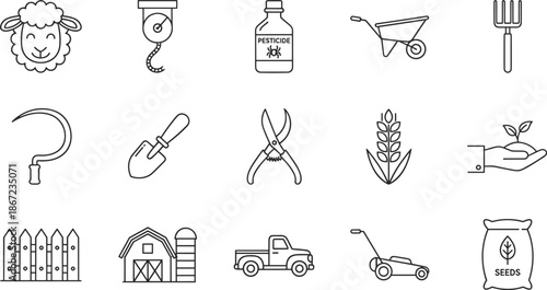 Agriculture and Farming Line Icon Set Featuring Sheep, Barn House, Pesticide Bottle, Wheelbarrow, Pickup Truck, Seeds, Lawn Mower, and Tools
