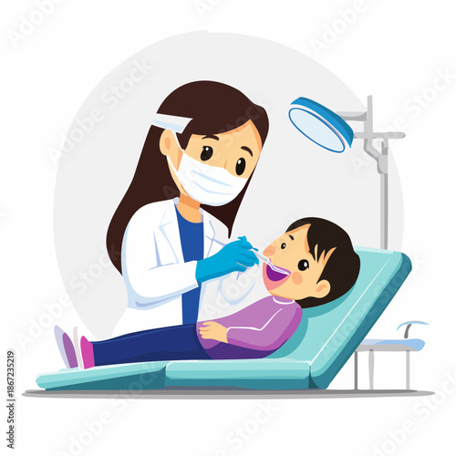 Dentist examining a happy childs teeth during dental checkup.
