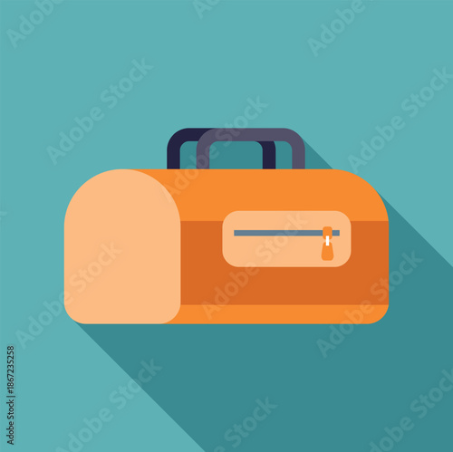 Orange duffel bag with a long shadow in a flat design style, representing travel