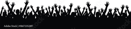 Wide crowd silhouette with raised hands cheering together isolated on white background for concert festival celebration unity concept