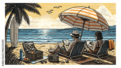 Couple Relaxing on Tropical Beach at Sunset with Umbrella and Surfboard