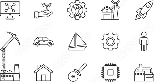 Industrial Growth and Innovation Line Icon Set Featuring Rocket Launch, Green Energy, Factory Manufacturing, Mining Pick, Modern Housing, and Technology
