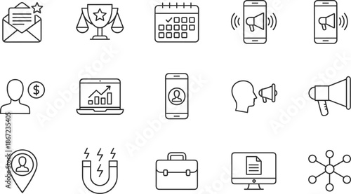 Digital Marketing and Business Growth Icon Set Featuring Megaphone, Financial Analytics, Magnet Attraction, Professional Portfolio, Leadership, Strategy, and Global Communication