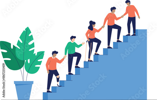 Diverse business team helping each other climb stairs toward success, flat vector illustration representing mentorship, leadership, career growth, and corporate cooperation.