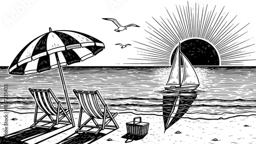 Vintage black and white beach scene with sailboat and sun