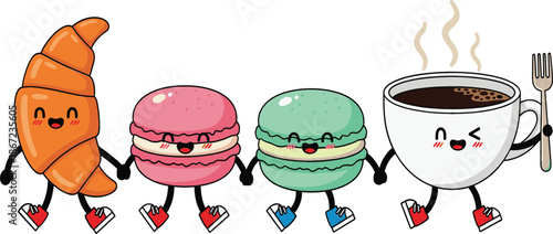 Cute kawaii style breakfast characters including croissant, macarons, and coffee cup holding hands, adorable food illustration for cafe menus, bakery branding, and stationery.
