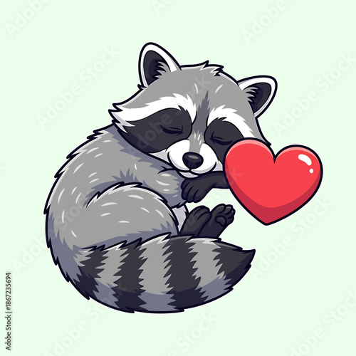 Peaceful Cartoon Raccoon Napping Comfortably, Tenderly Holding a Red Heart, A Sweet Vector Illustration of Affection and Dreams
