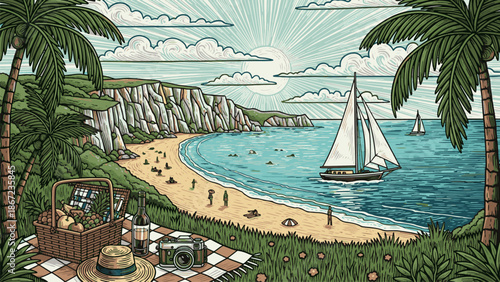 Scenic coastal landscape with sailboats and picnic setup on a sunny day