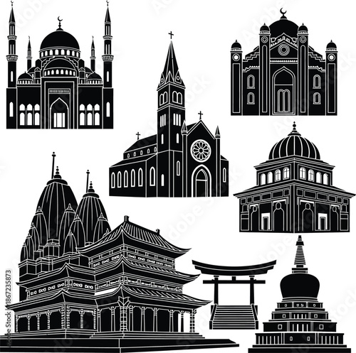black and white illustration of famous religious buildings