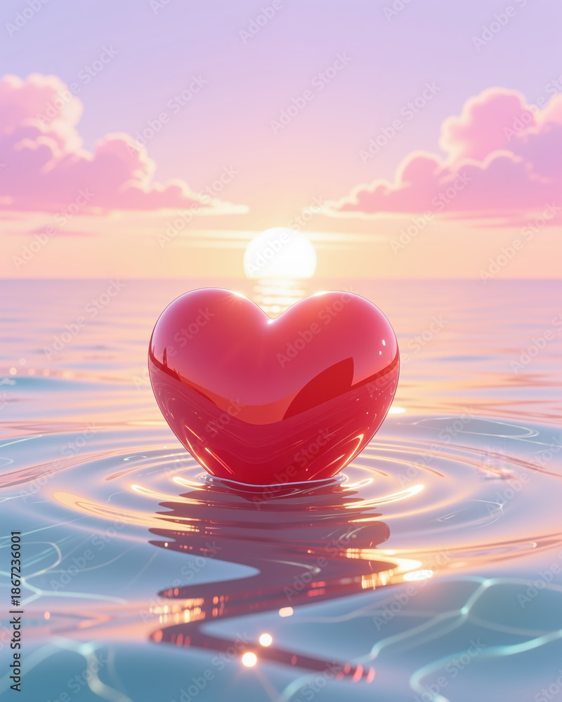 Fototapeta premium Vibrant digital illustration of a Valentines Day scene featuring a shiny red heart floating on rippling water, set against a serene sunset backdrop with pastel hues and fluffy clouds.