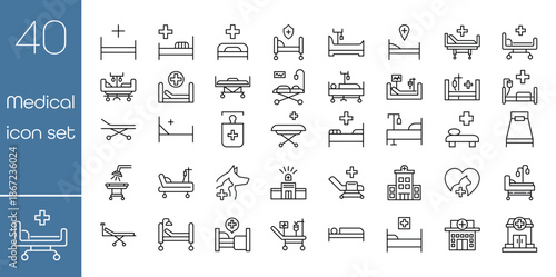 Medical and healthcare icon set on transparent background. Outline symbols for hospital, clinic, treatment, diagnosis, emergency, patient care, doctor services. Modern icons for web and app design.