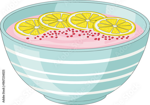 Healthy pink smoothie bowl with fresh lemon slices and red berries in a blue striped ceramic bowl, flat vector illustration for nutrition and wellness.
