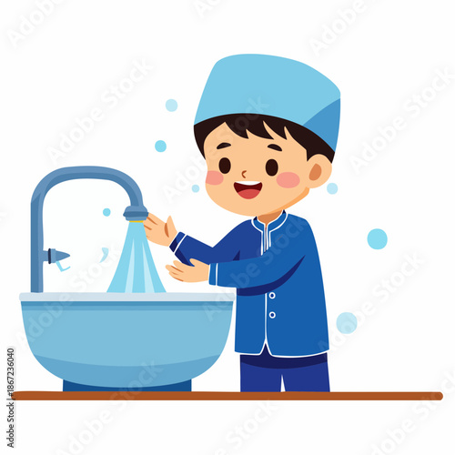 Young Muslim boy washing hands at sink with running water.