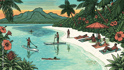 Tropical Beach Scene with Paddleboarders and Relaxing Tourists