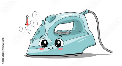 Cute blue electric iron character with a blushing face and steam rising from the bottom against a white background.