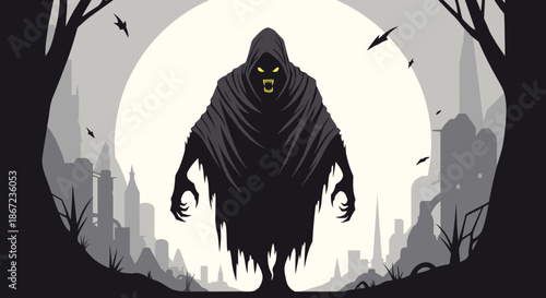 Menacing hooded reaper silhouette standing in a dark forest at night with a full moon and bats flying in the sky.