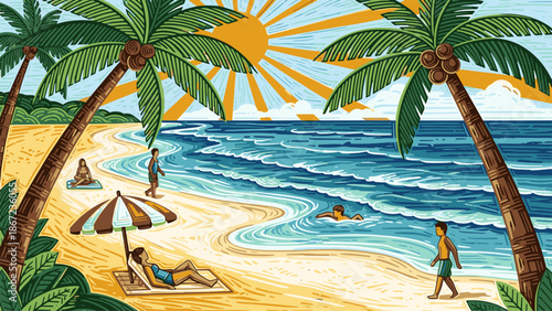 Tropical Beach Scene with Palm Trees and Sunbathers in Vibrant Colors