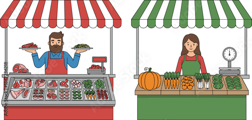 Flat vector illustration of a traditional local marketplace featuring a butcher shop with meat cuts and a vegetable stall with fresh organic produce.