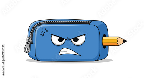 Grumpy blue pencil case character with an angry expression and a yellow pencil stuck through its side on white.