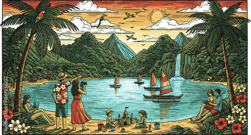 Tropical paradise with people enjoying beach and sailing boats